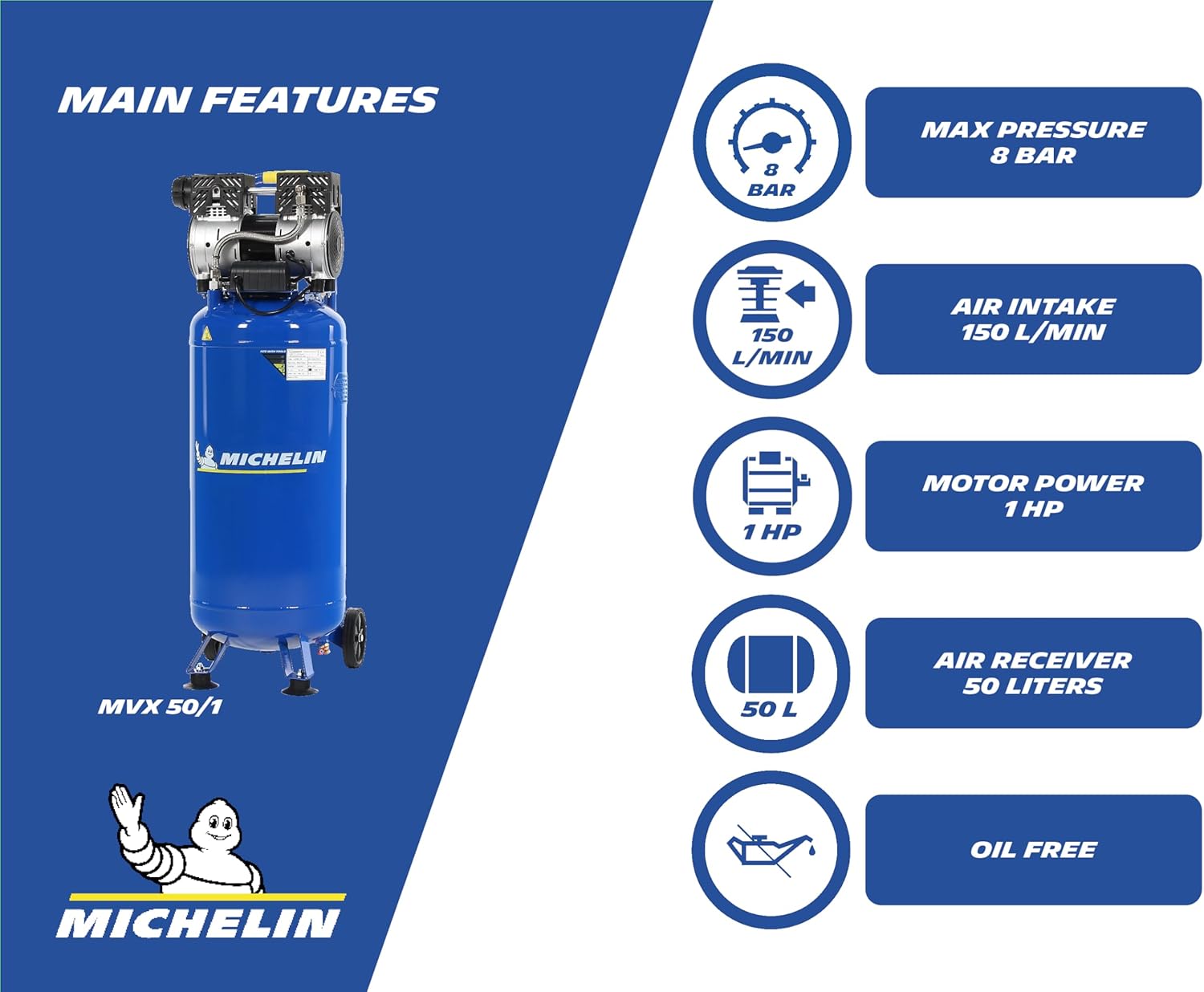 Ultra tichý - SILENT, bezolejový, vertikální vzduchový kompresor, 8 barů, 50 l, 59 dB, 106 l/min., 230 V MICHELIN MVX 50/1